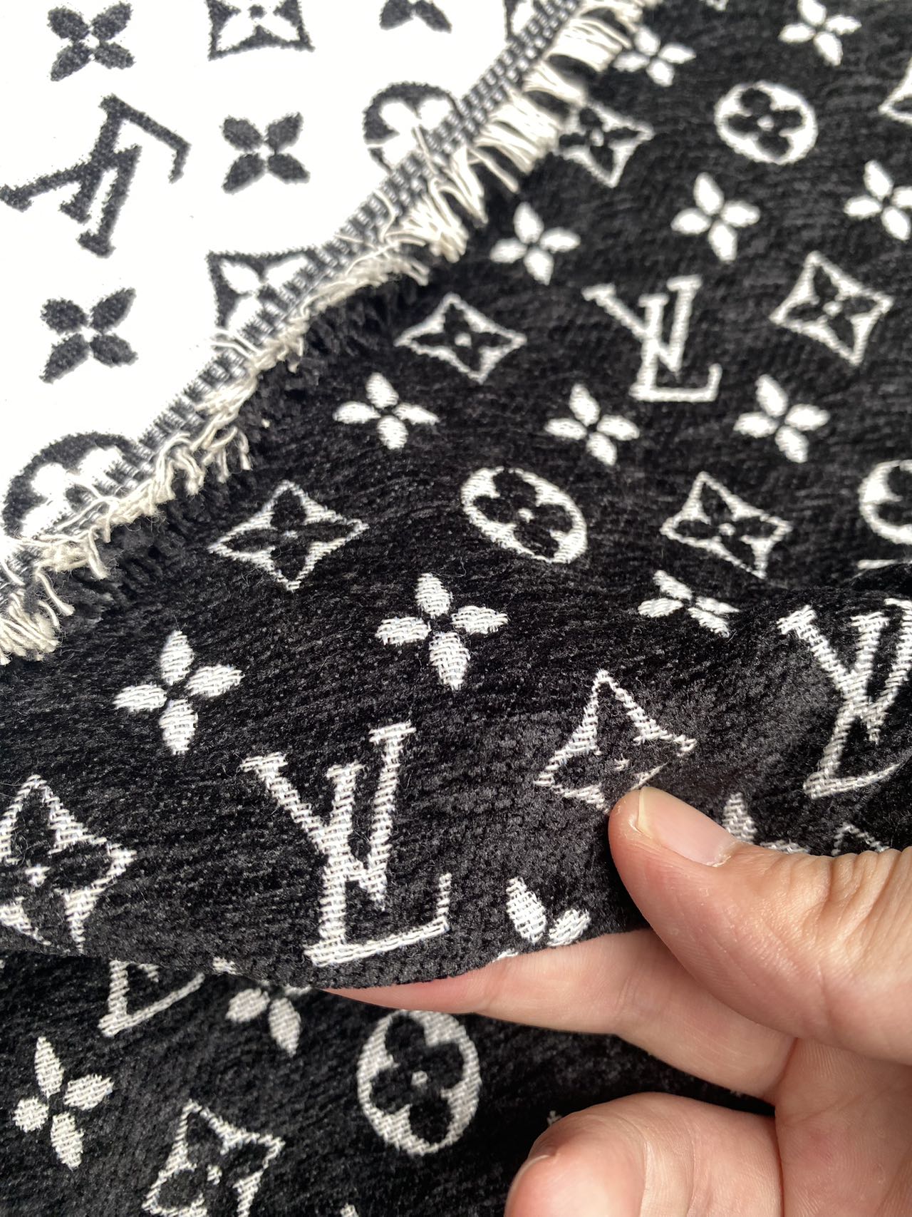 Black Chenille LV Fabric Louis Vuitton Designer Furniture Fabric for Handmade DIY Sewing