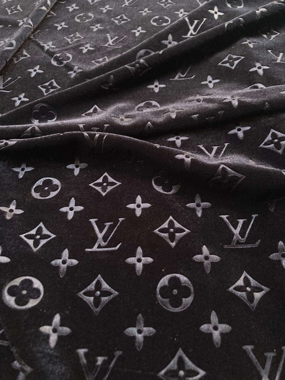 Black LV Velvet Designer Fabric for Sneakers Crafts DIY Sewing Projects