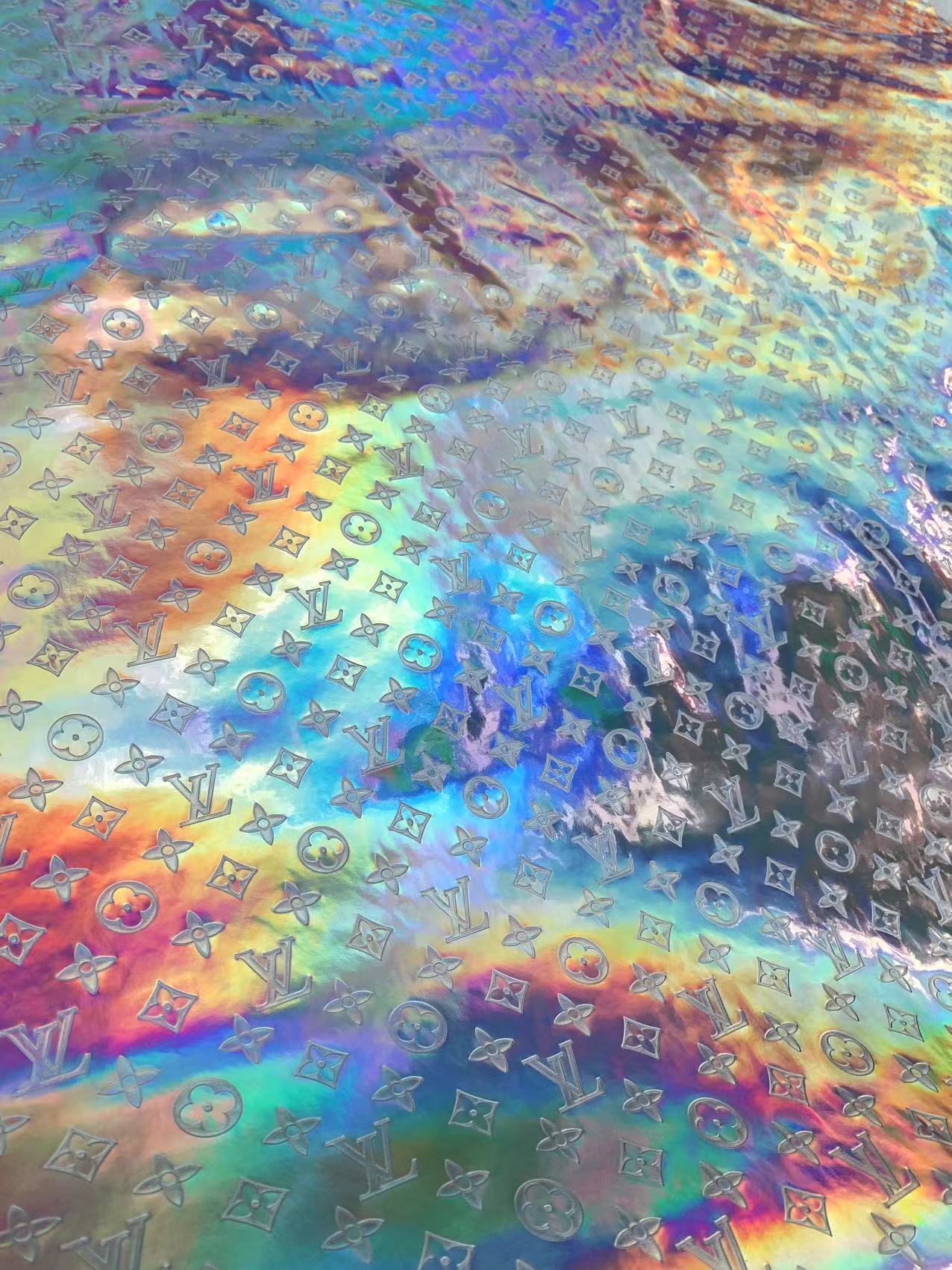 Custom Designer LV Silver Embossed Hologram Vinyl Leather Fabric for DIY Crafts Upholstery