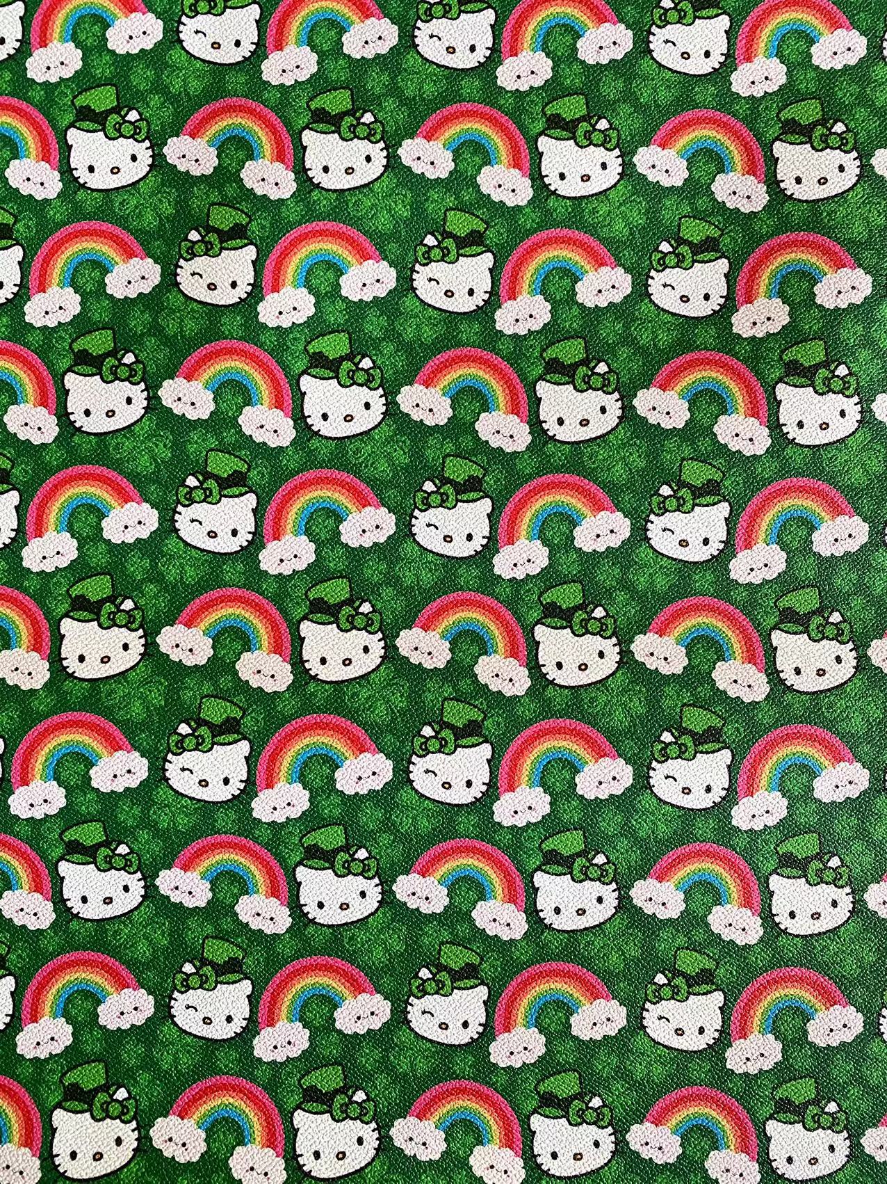 Hello Kitty Cartoon Custom Vinyl Faux Leather Fabric St. Patrick's Day