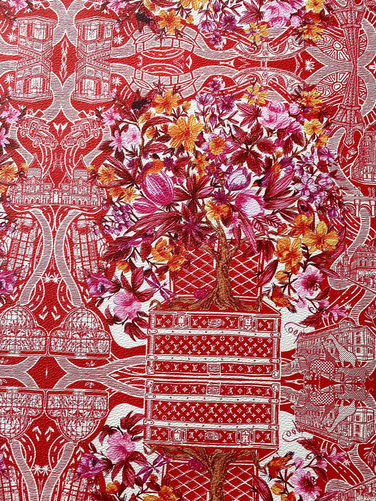 Red Floral  Louis Vuitton Leather Fabric for Sewing Upholstery