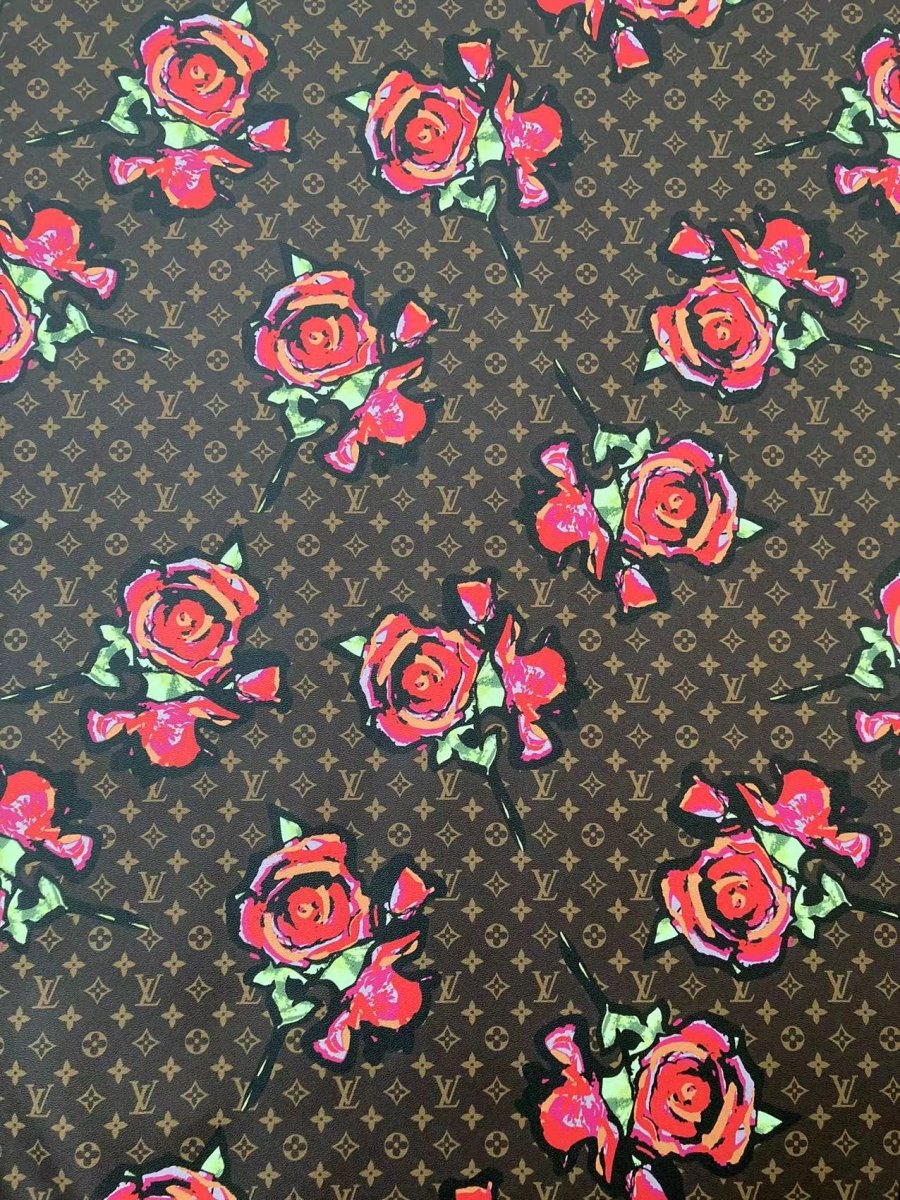 Brown LV Big Flower Faux Leather Fabric Custom Material for Sneaker Car Upholstery - mingfabricstore