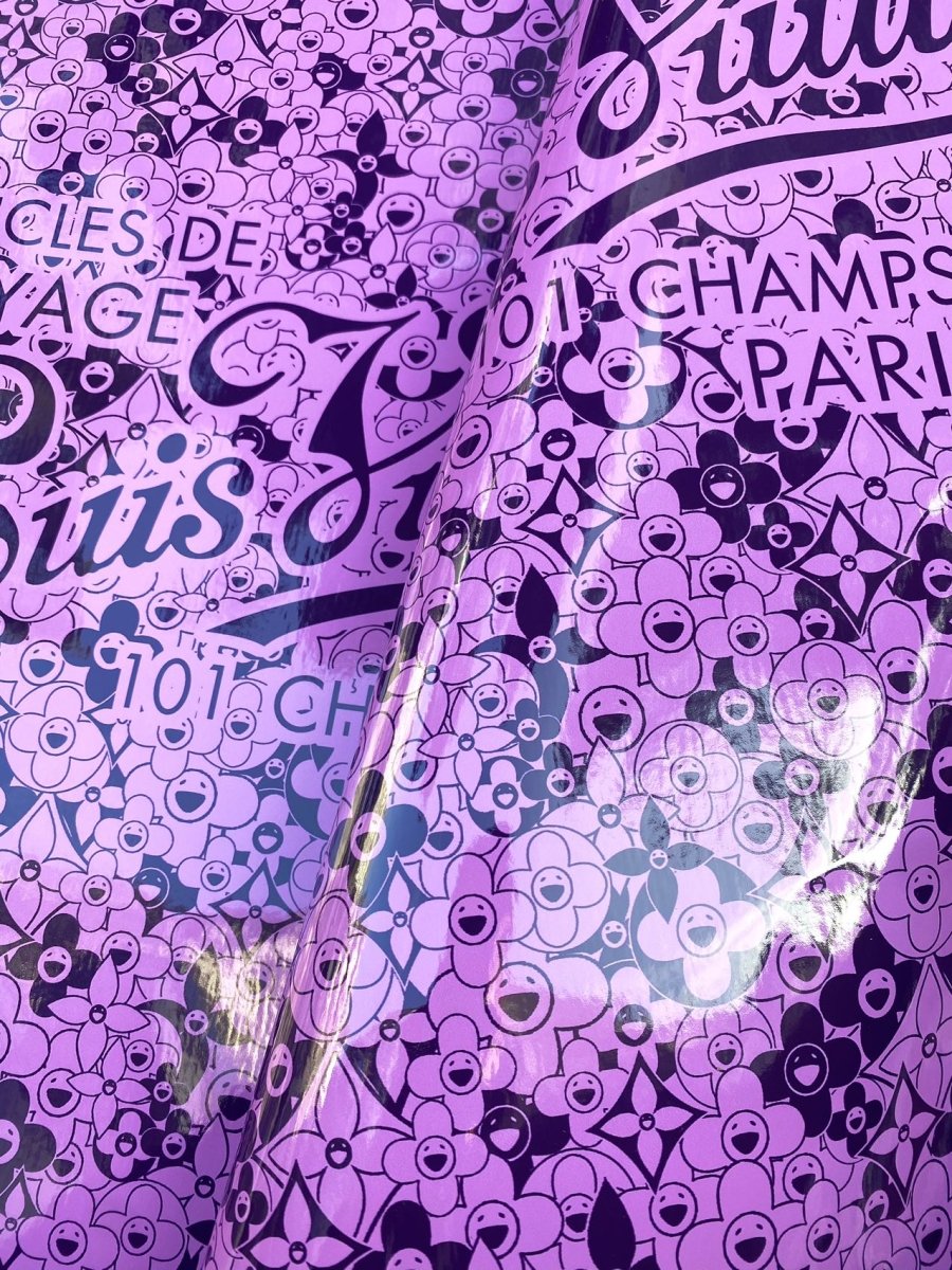 Clear purple reflective LV monogram Murakami Takashi Bag Leather DIY Fabric - mingfabricstore