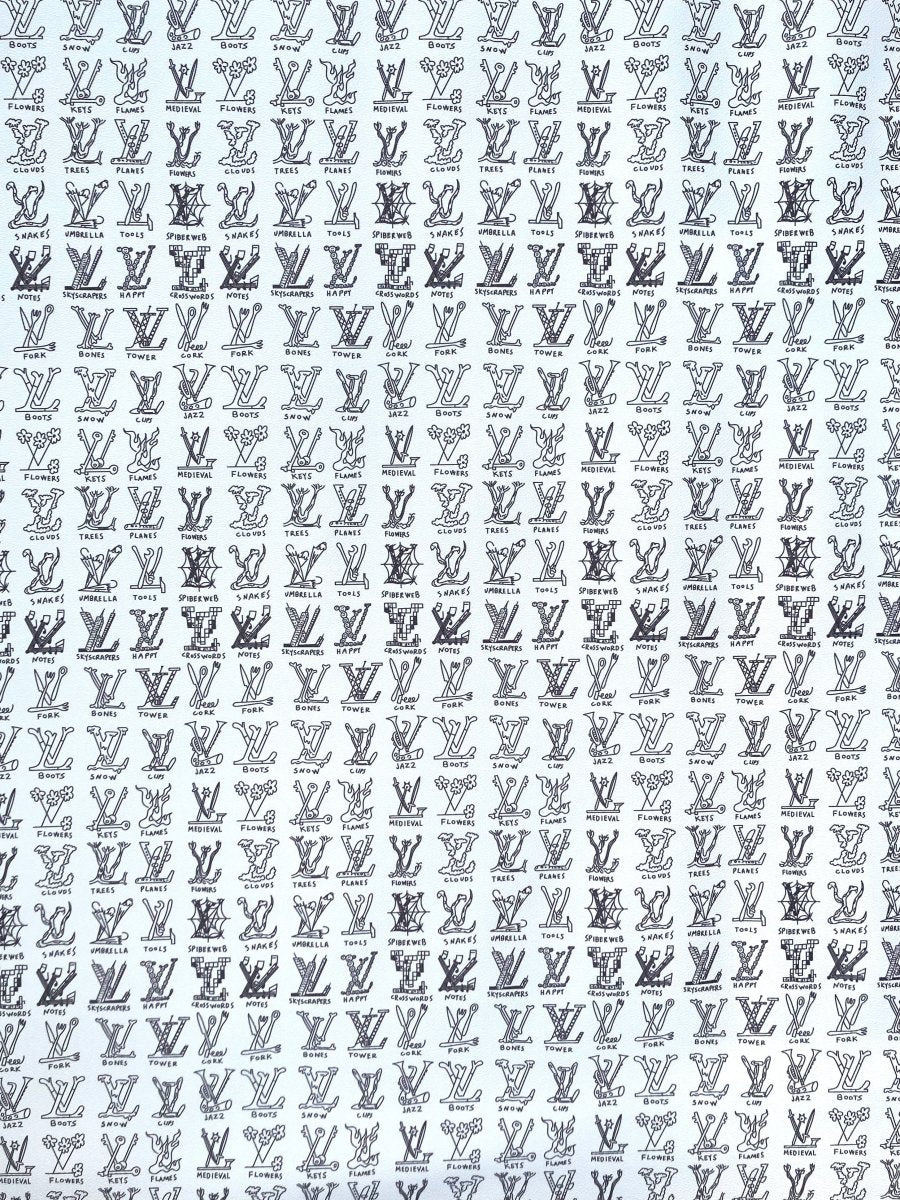 Custom Hand painted Casual LV Doodle Vinyl Leather Fabric for DIY Bag Upholstery - mingfabricstore