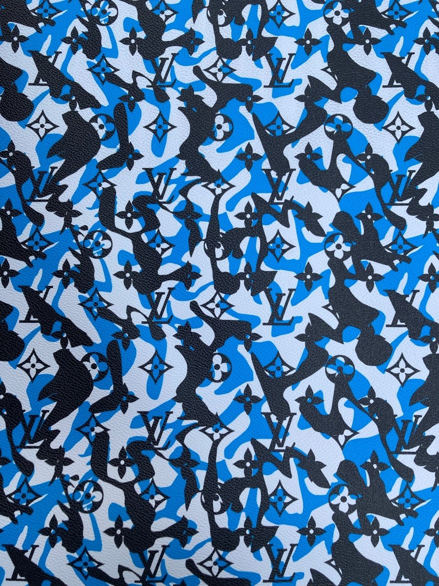 Handmade Blue Camouflage LV Vinyl Leather Fabric for Custom Sneakers - mingfabricstore