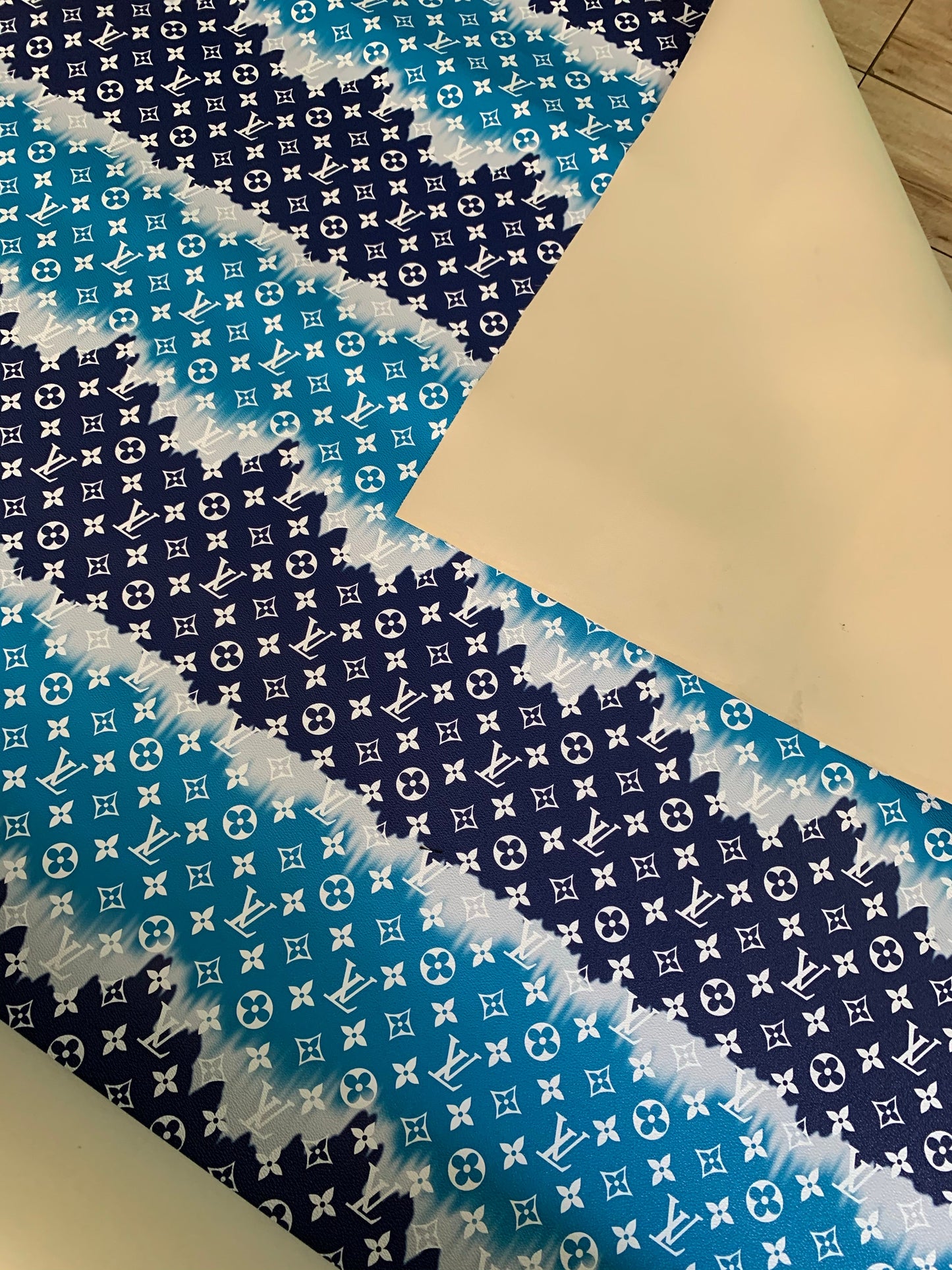 Blue Watercolor Normal Size LV Faux Leather Fabric for Custom Handmade Crafts