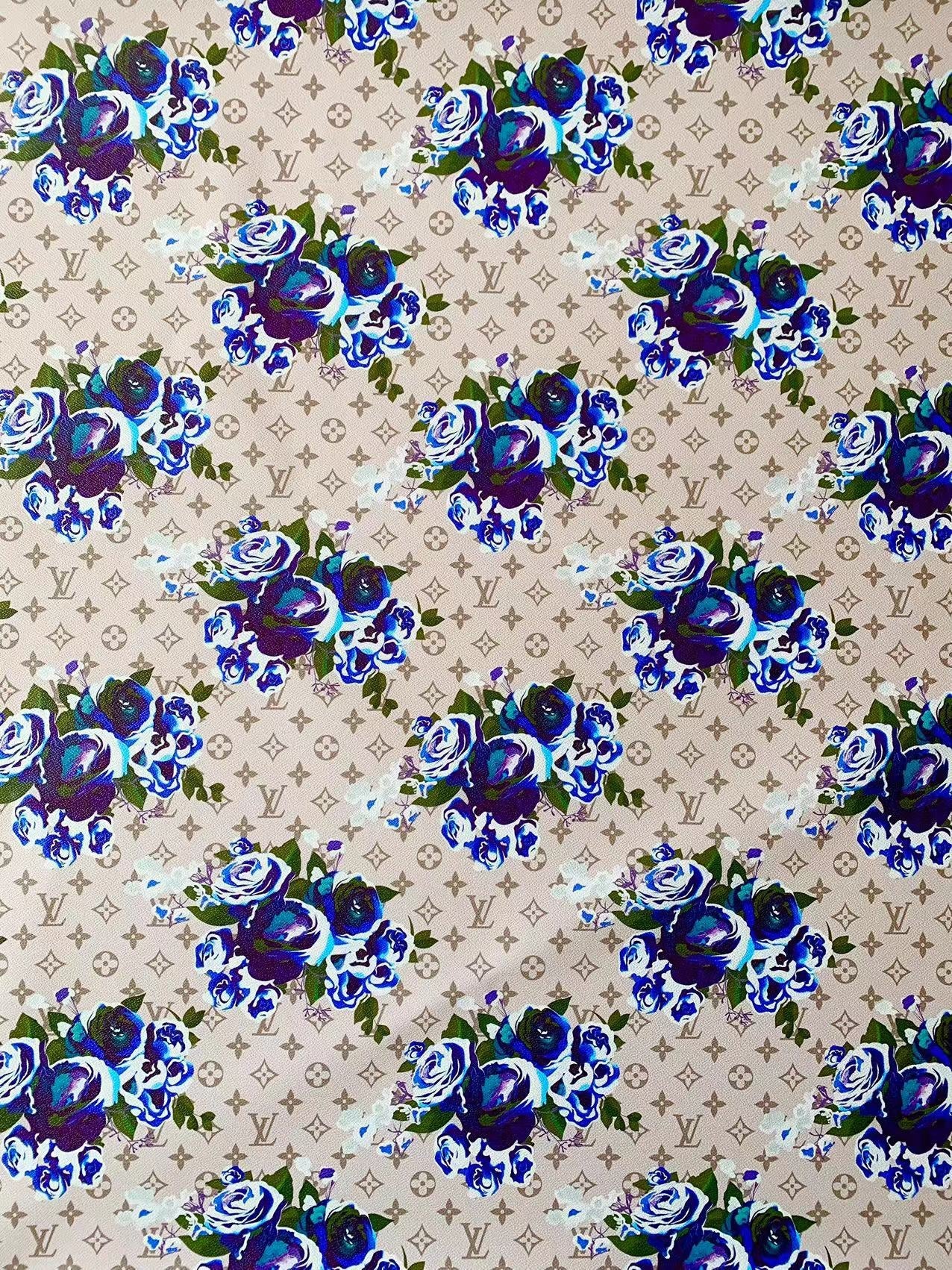 Blue Flower Handmade Custom LV Faux Leather Vinyl for Sneakers Upholstery