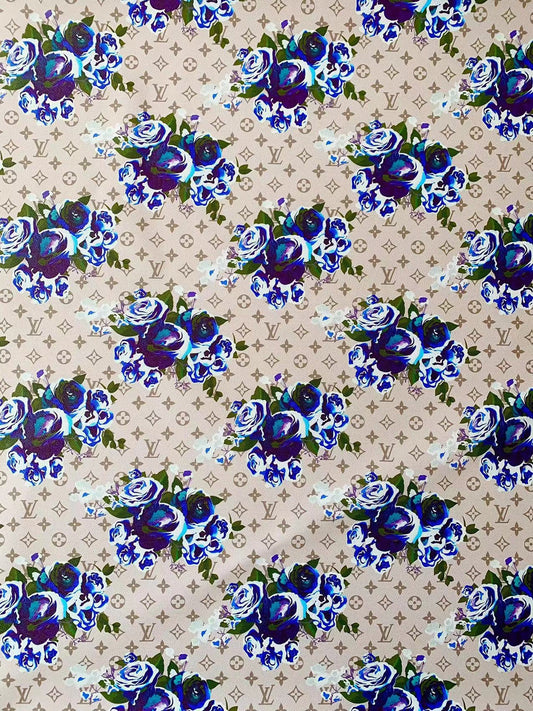Blue Flower Handmade Custom LV Faux Leather Vinyl for Sneakers Upholstery