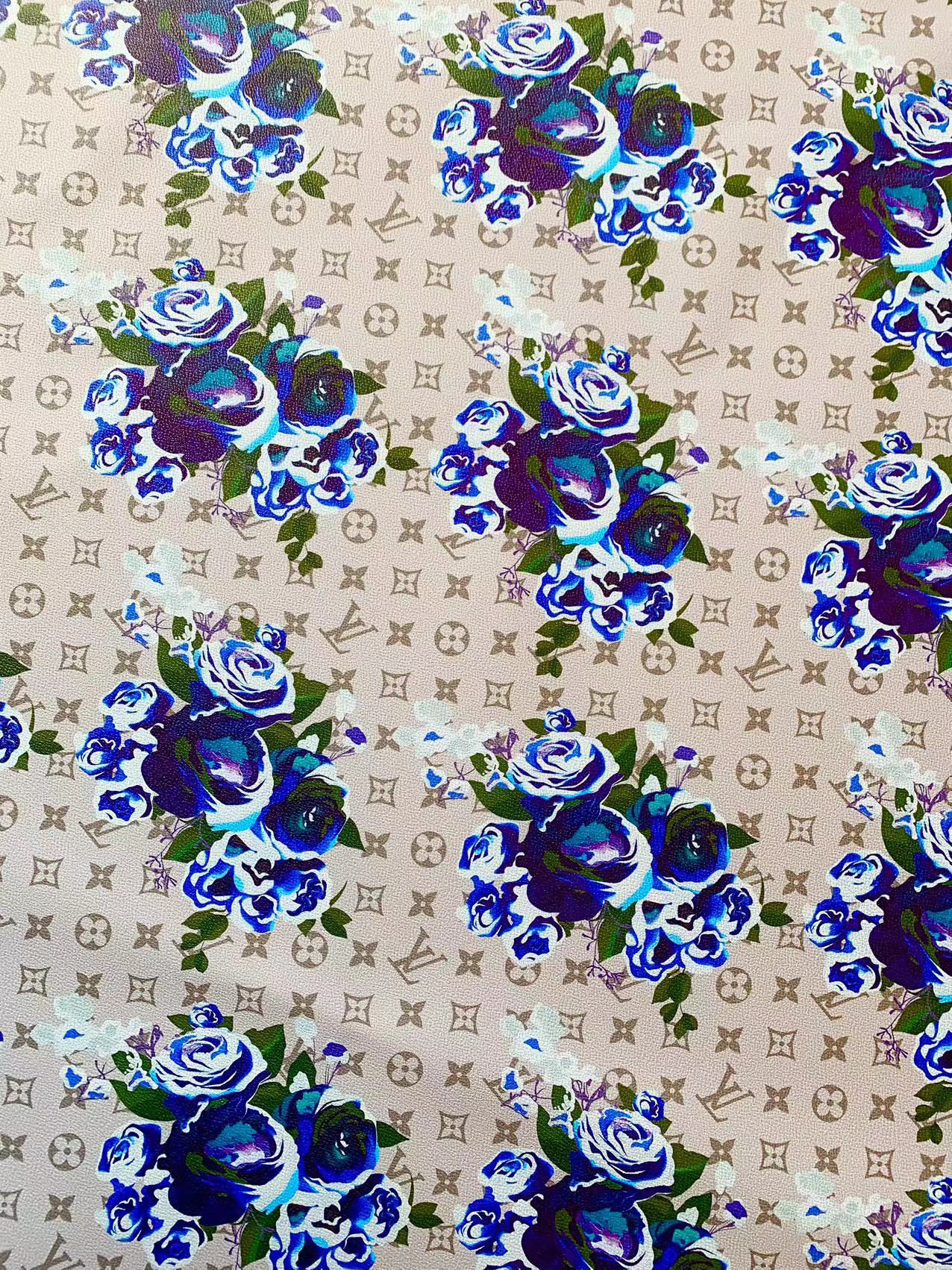 Blue Flower Handmade Custom LV Faux Leather Vinyl for Sneakers Upholstery