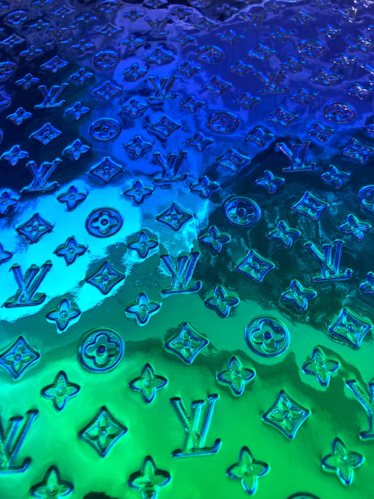 Blue Green Mirror Surface Embossed LV Faux Vinyl Leather