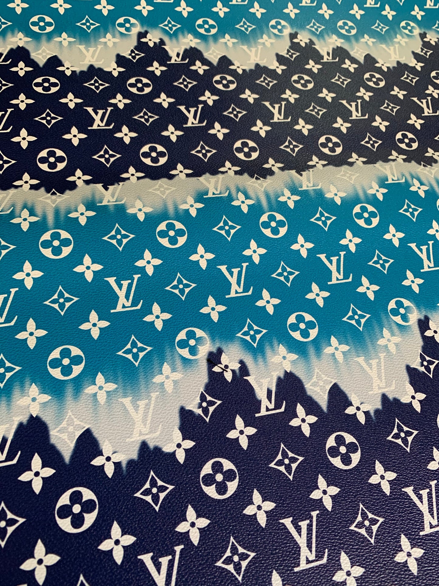 Blue Watercolor Normal Size LV Faux Leather Fabric for Custom Handmade Crafts