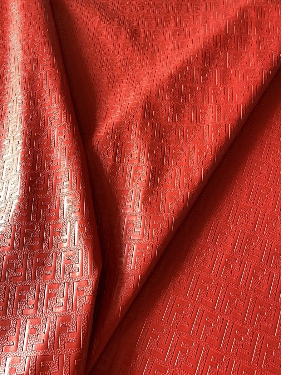 Soft Red Embossed Fendi Custom Designer Faux Leather Sheet for Helmet DIY Sewing Projects - mingfabricstore