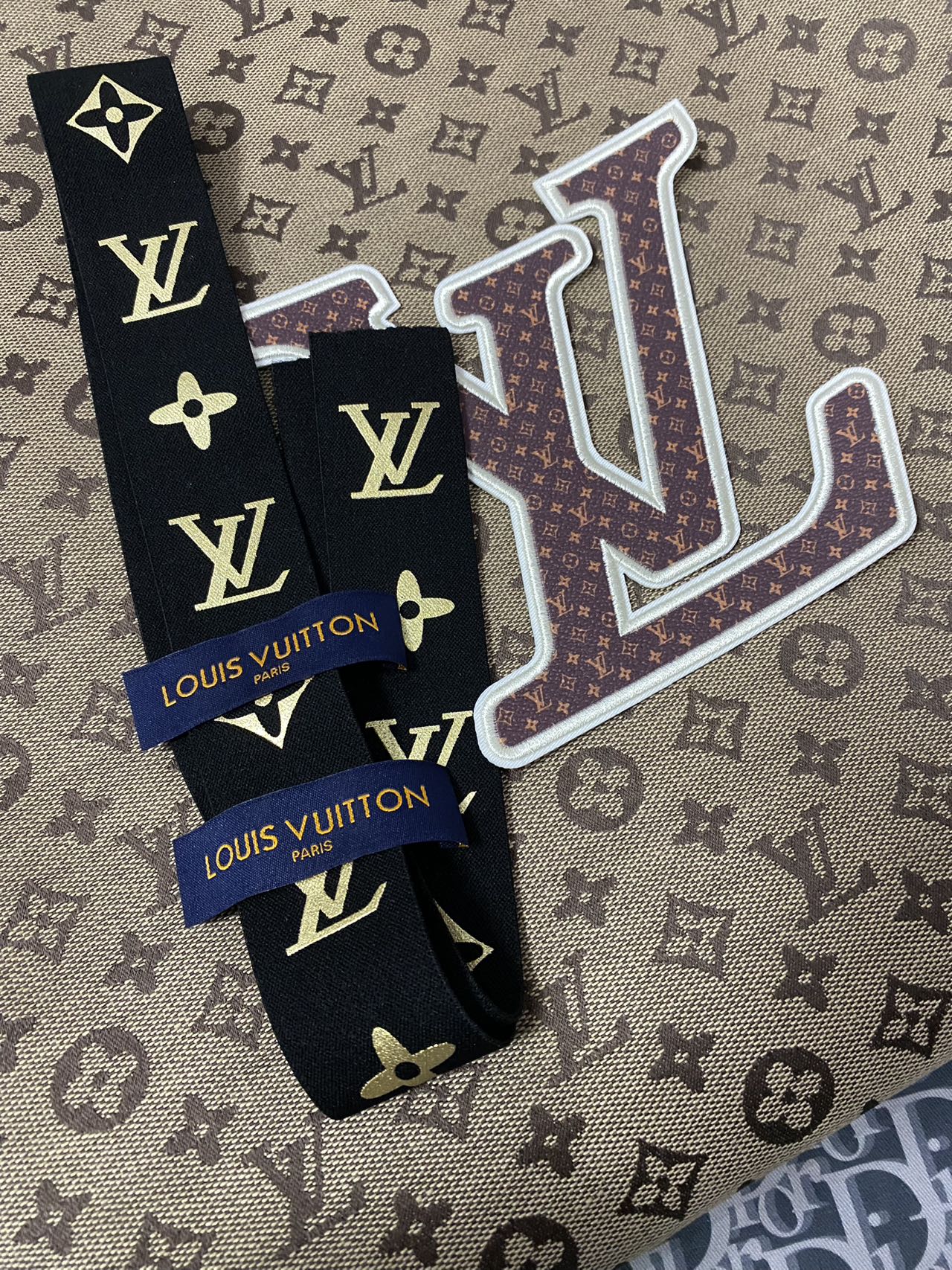 Classic Brown LV Jacquard Fabric Elastic Tags Bundle