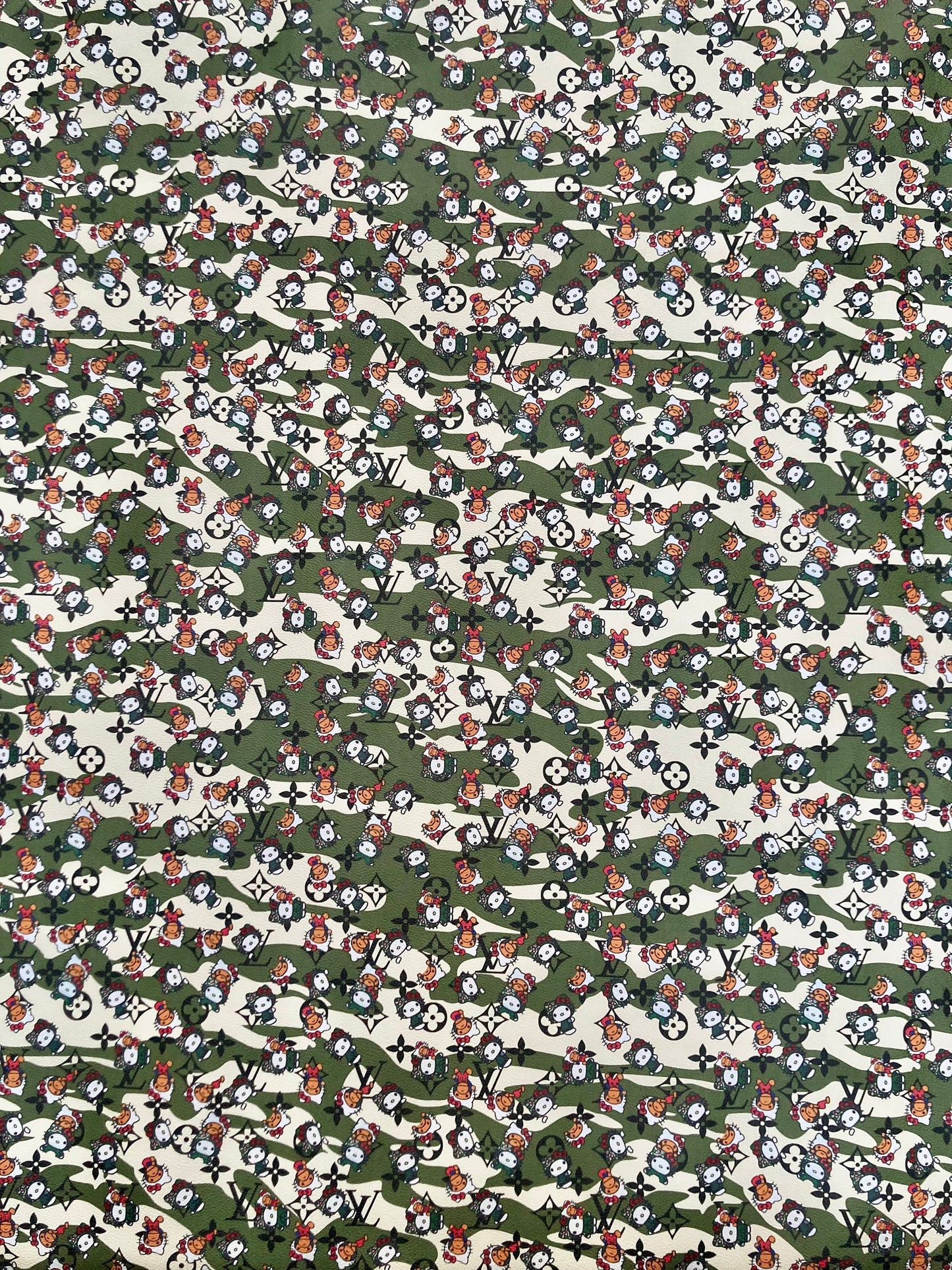 Bape Kitty Cartoon Camouflage LV Vinyl Faux Leather Fabric for Custom Sneakers DIY Crafts Sewing