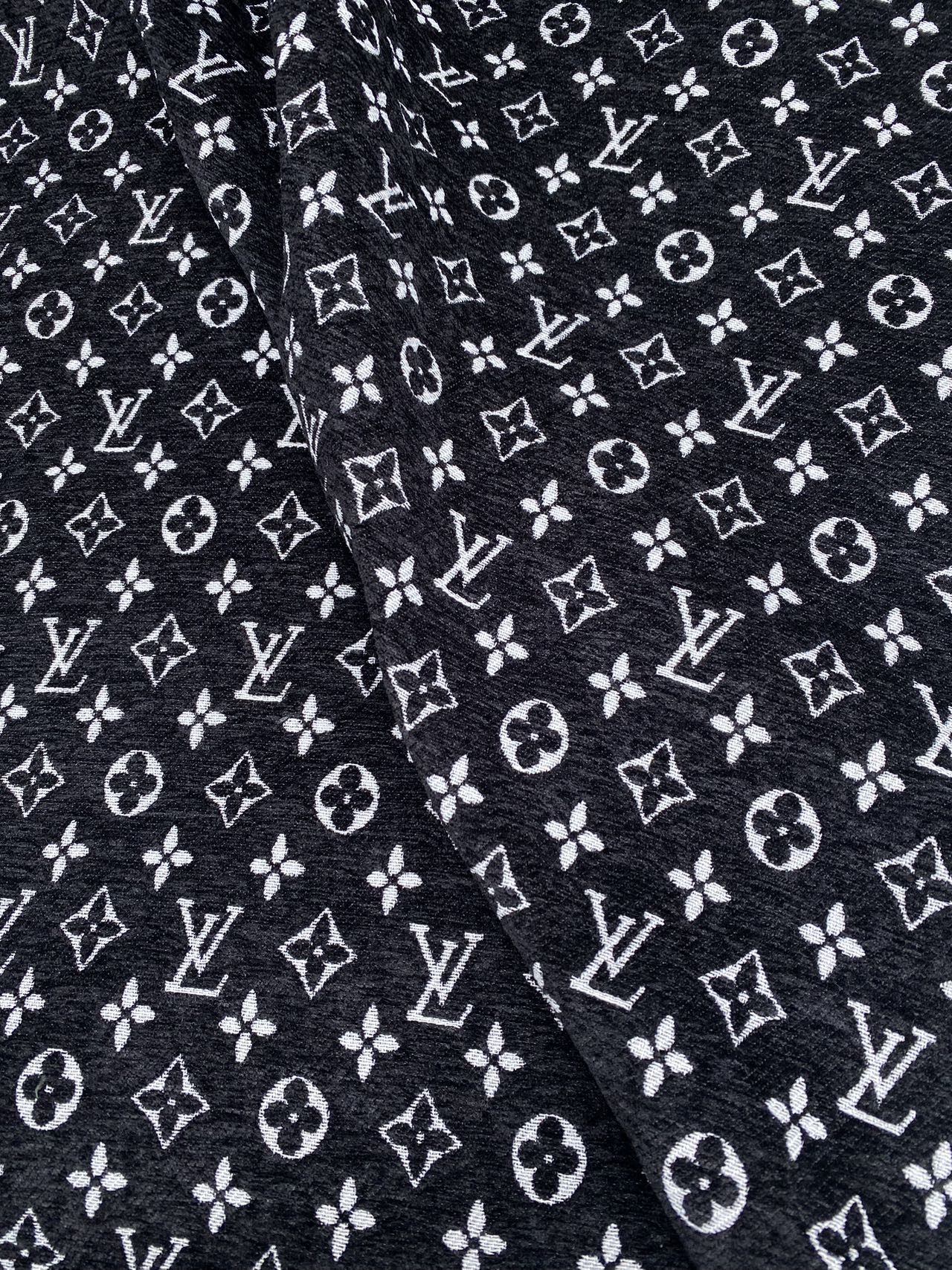 Black Chenille LV Fabric Louis Vuitton Designer Furniture Fabric for Handmade DIY Sewing