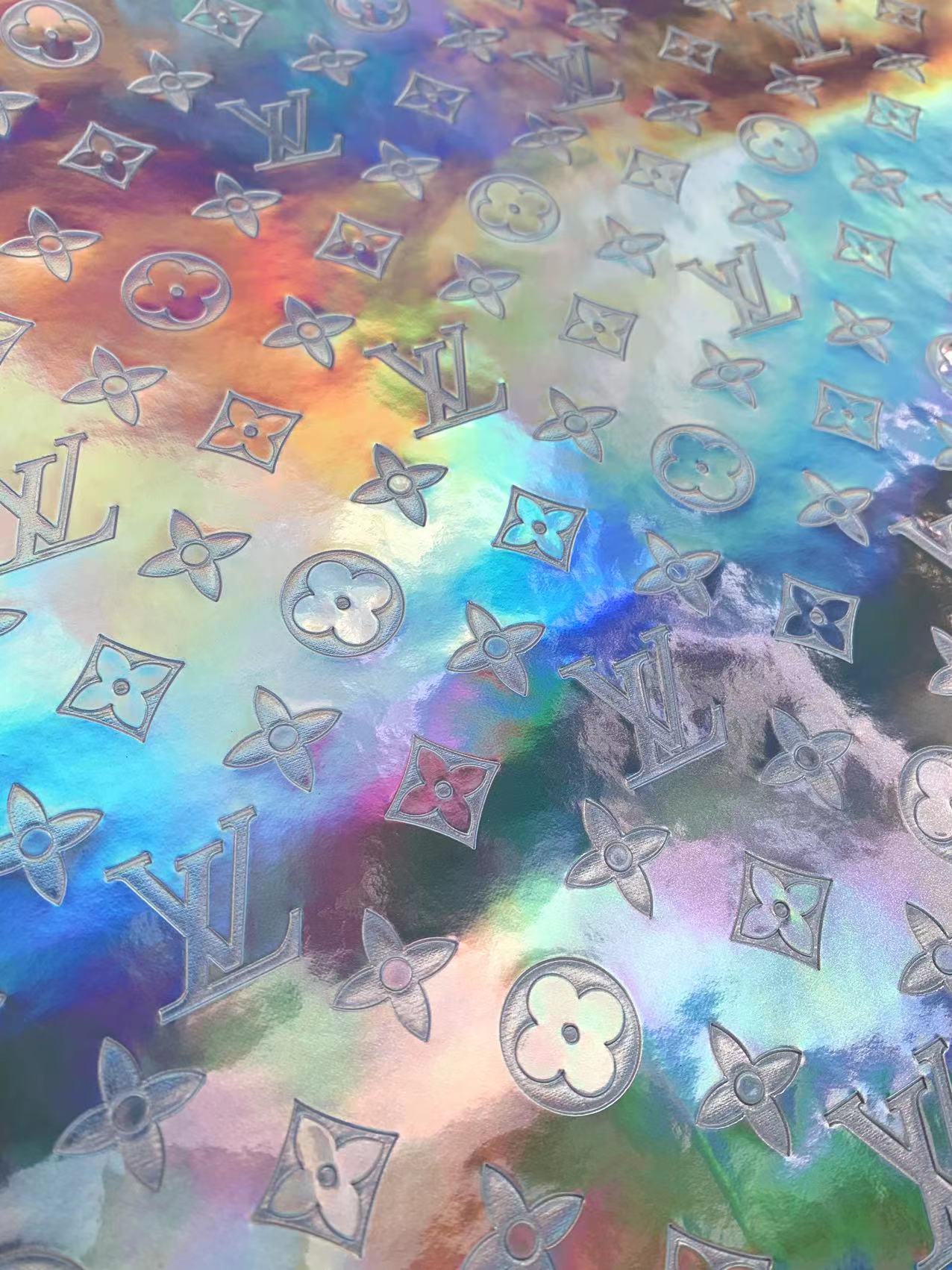 Custom Designer LV Silver Embossed Hologram Vinyl Leather Fabric for DIY Crafts Upholstery