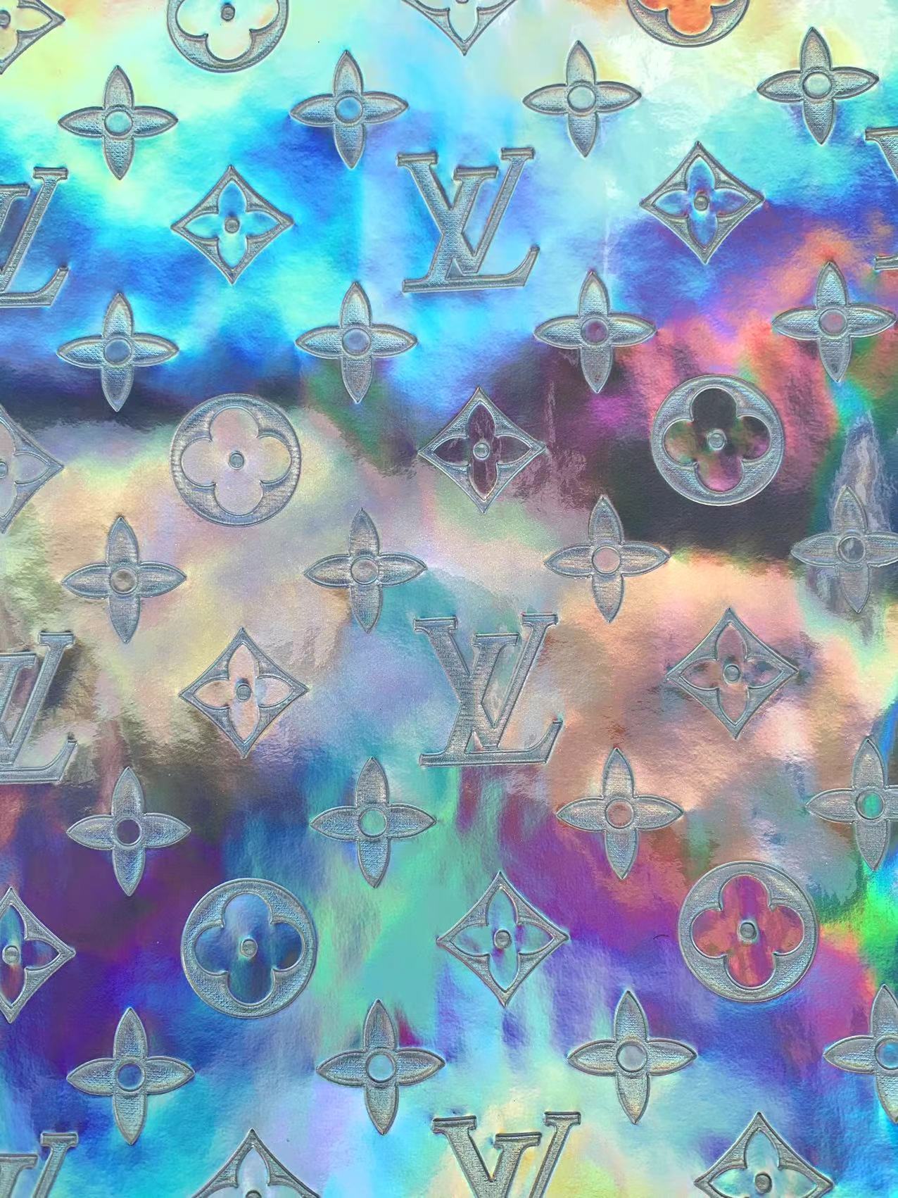 Custom Designer LV Silver Embossed Hologram Vinyl Leather Fabric for DIY Crafts Upholstery