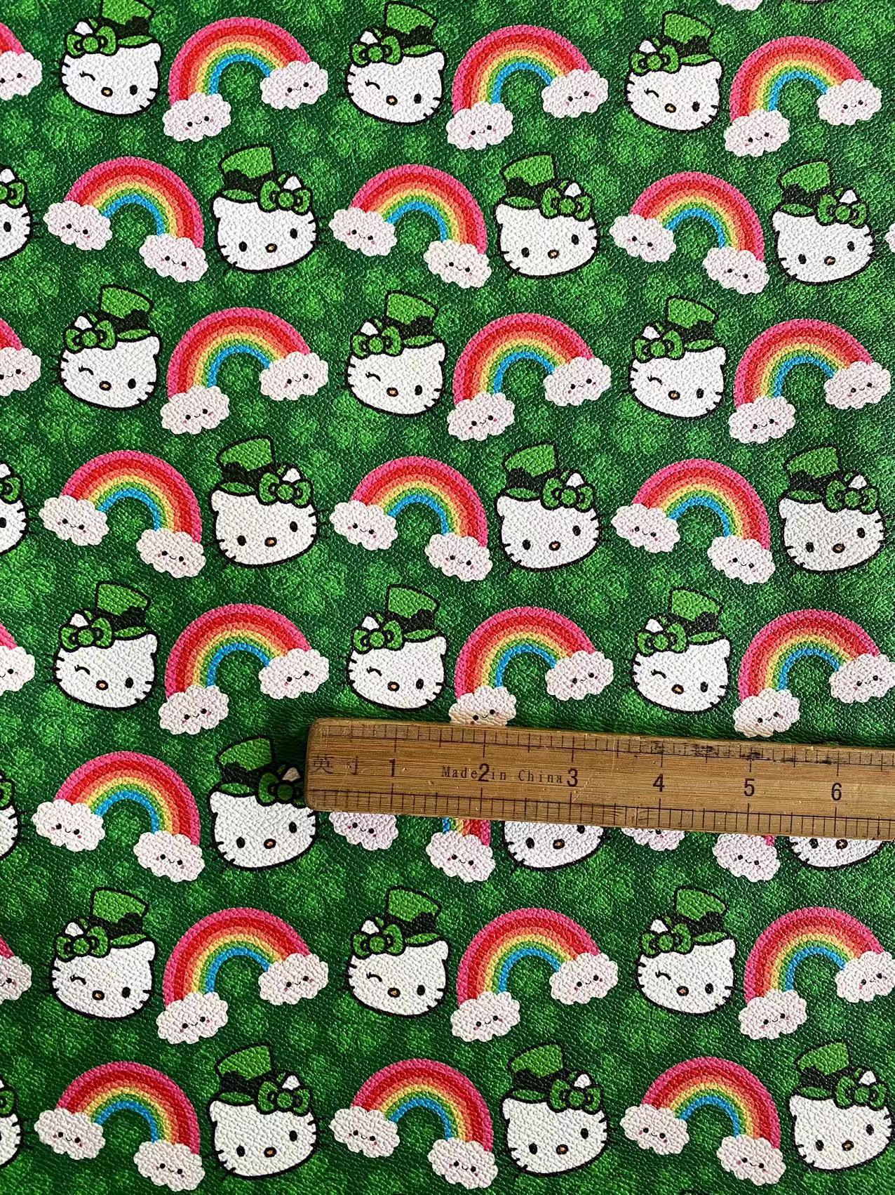 Hello Kitty Cartoon Custom Vinyl Faux Leather Fabric St. Patrick's Day