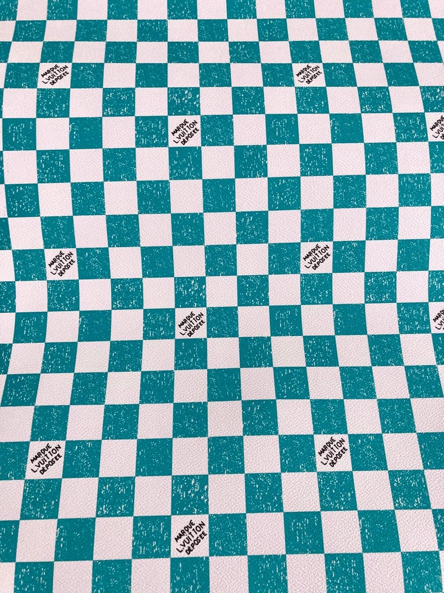 Aqua Green Handwriting LV Louis Vuitton Vinyl Faux Leather Designer Fabric for Bag - mingfabricstore