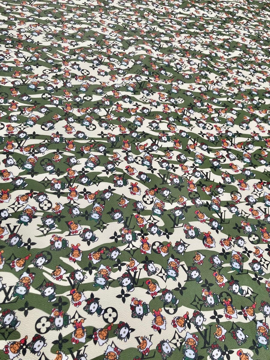 Bape Kitty Cartoon Camouflage LV Vinyl Faux Leather Fabric for Custom Sneakers DIY Crafts Sewing - mingfabricstore