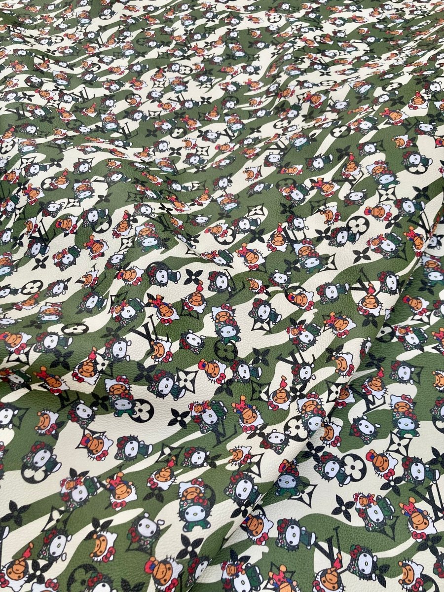 Bape Kitty Cartoon Camouflage LV Vinyl Faux Leather Fabric for Custom Sneakers DIY Crafts Sewing - mingfabricstore