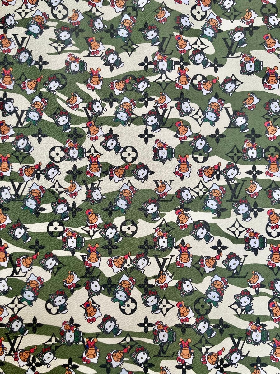 Bape Kitty Cartoon Camouflage LV Vinyl Faux Leather Fabric for Custom Sneakers DIY Crafts Sewing - mingfabricstore