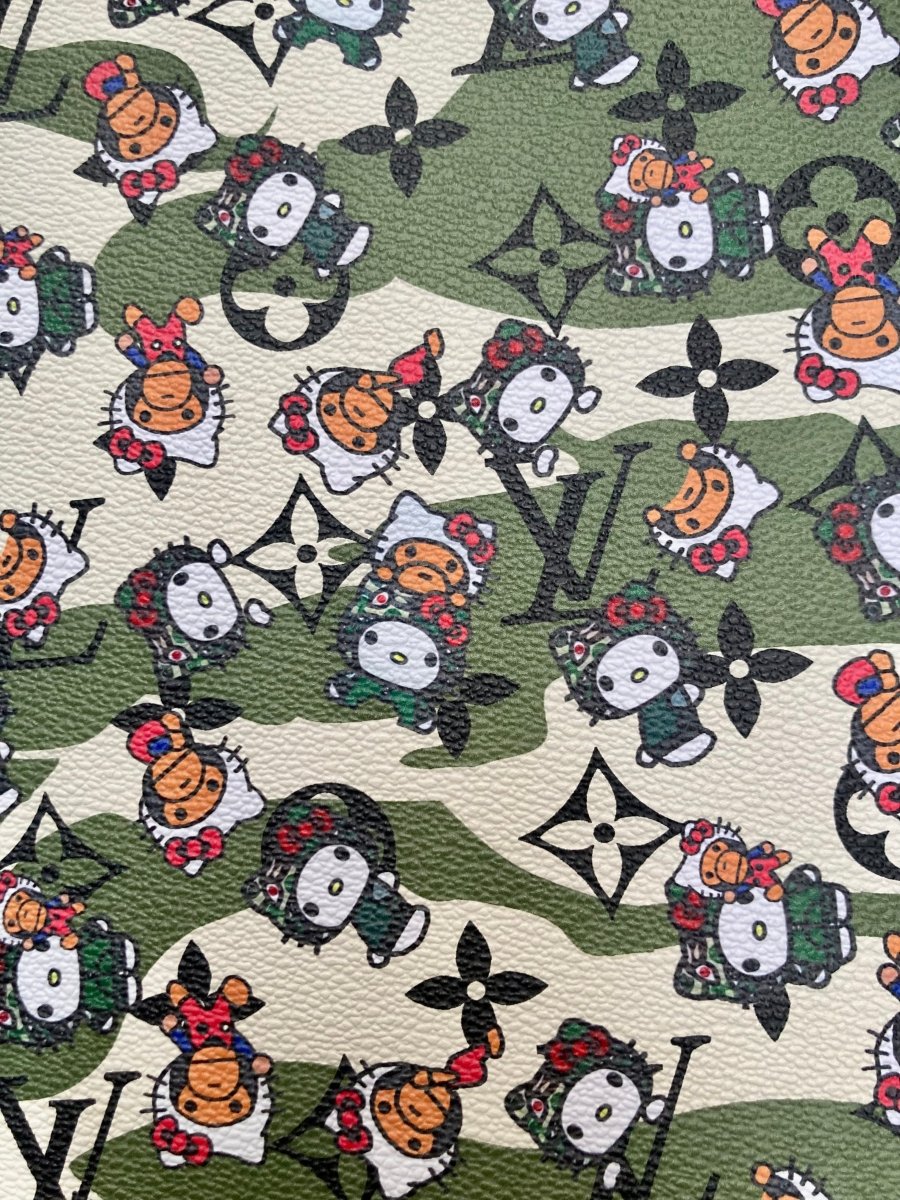 Bape Kitty Cartoon Camouflage LV Vinyl Faux Leather Fabric for Custom Sneakers DIY Crafts Sewing - mingfabricstore