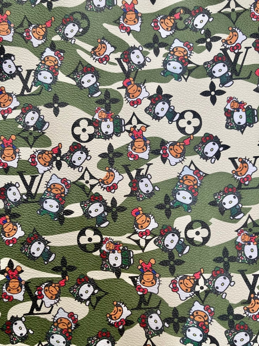 Bape Kitty Cartoon Camouflage LV Vinyl Faux Leather Fabric for Custom Sneakers DIY Crafts Sewing - mingfabricstore