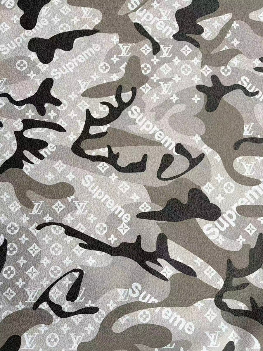 Black Grey Camouflage LV Supreme DIY Leather Sheet for Crafts Upholstery - mingfabricstore