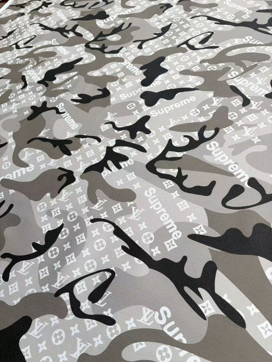 Black Grey Camouflage LV Supreme DIY Leather Sheet for Crafts Upholstery - mingfabricstore