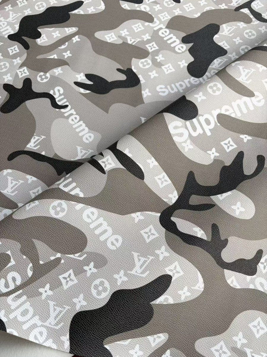 Black Grey Camouflage LV Supreme DIY Leather Sheet for Crafts Upholstery - mingfabricstore