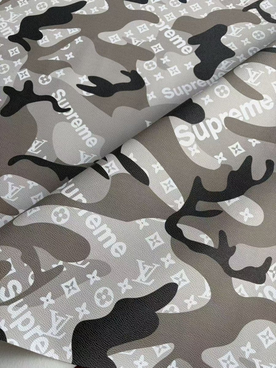 Black Grey Camouflage LV Supreme DIY Leather Sheet for Crafts Upholstery - mingfabricstore