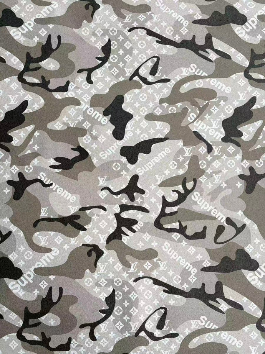 Black Grey Camouflage LV Supreme DIY Leather Sheet for Crafts Upholstery - mingfabricstore