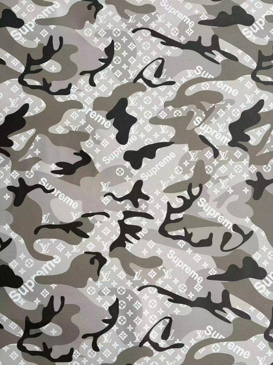 Black Grey Camouflage LV Supreme DIY Leather Sheet for Crafts Upholstery - mingfabricstore