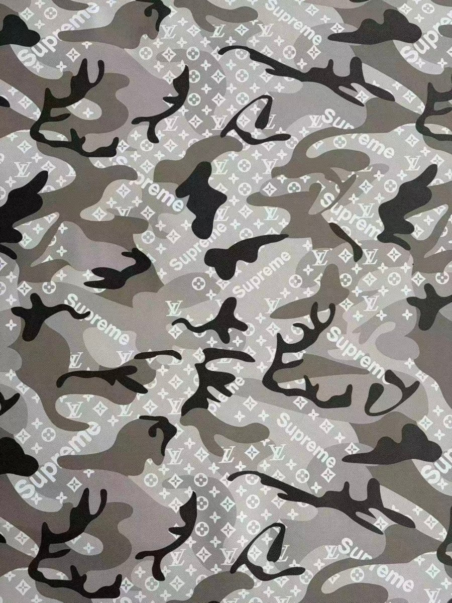 Black Grey Camouflage LV Supreme DIY Leather Sheet for Crafts Upholstery - mingfabricstore