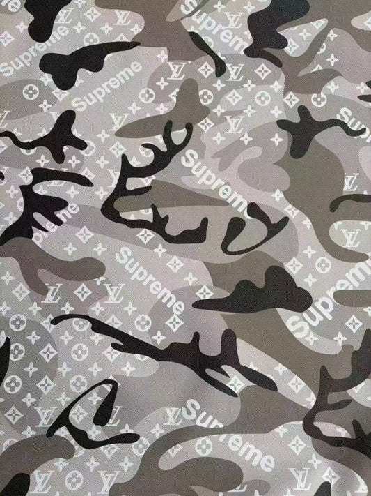 Black Grey Camouflage LV Supreme DIY Leather Sheet for Crafts Upholstery - mingfabricstore