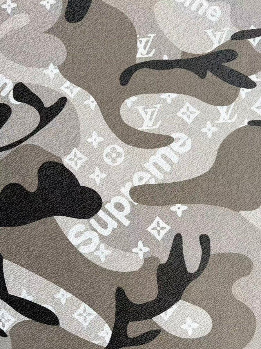 Black Grey Camouflage LV Supreme DIY Leather Sheet for Crafts Upholstery - mingfabricstore