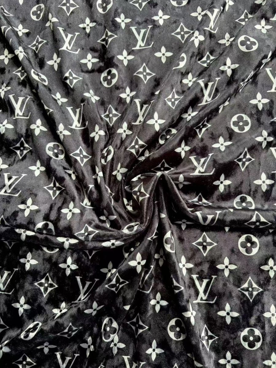 Black LV Velvet Designer Fabric for Sneakers Crafts DIY Sewing Projects - mingfabricstore