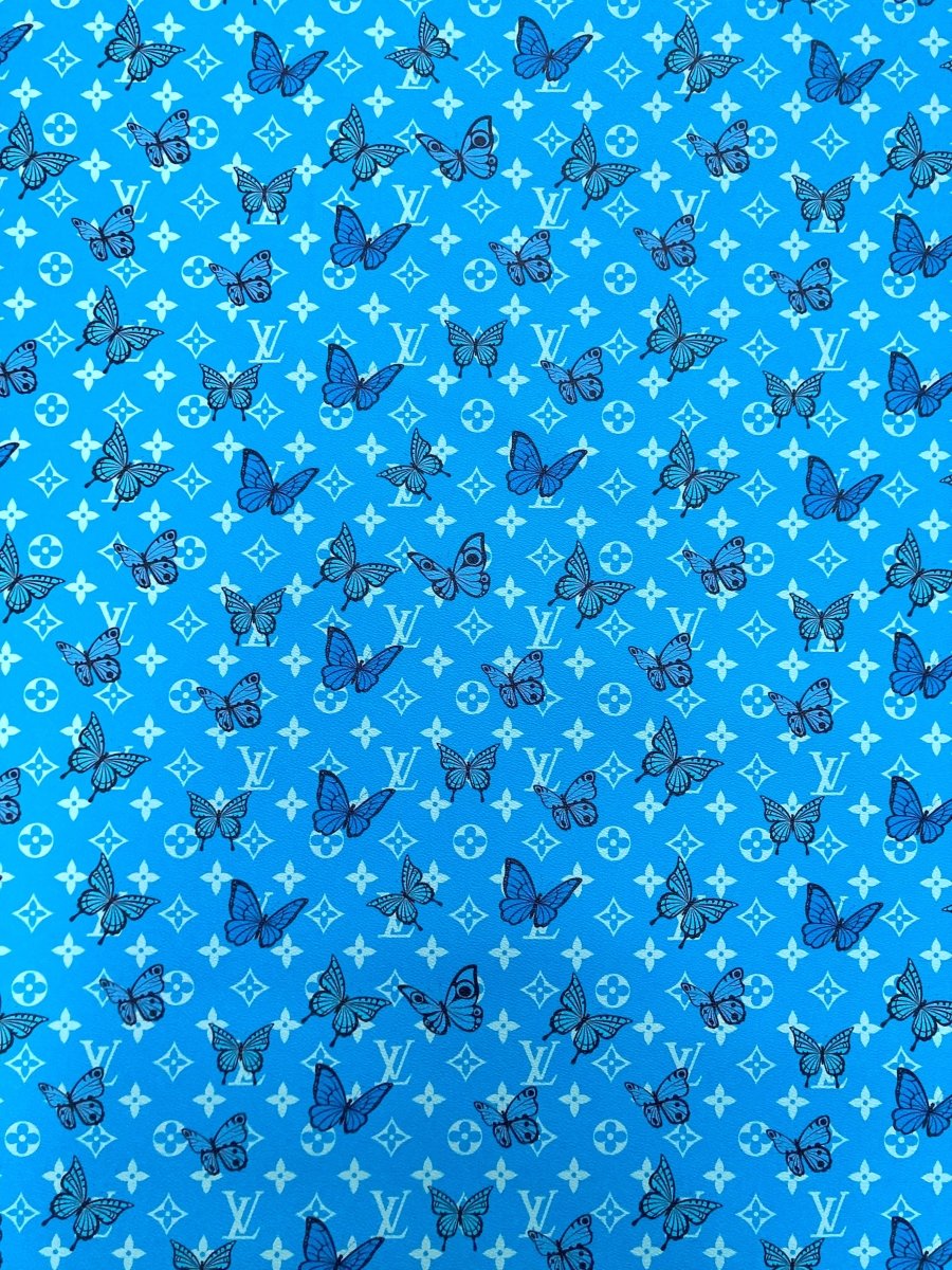 Blue Butterfyl Designer Custom LV Faux Leather by Yard for Sneakers Crafts Upholstery - mingfabricstore