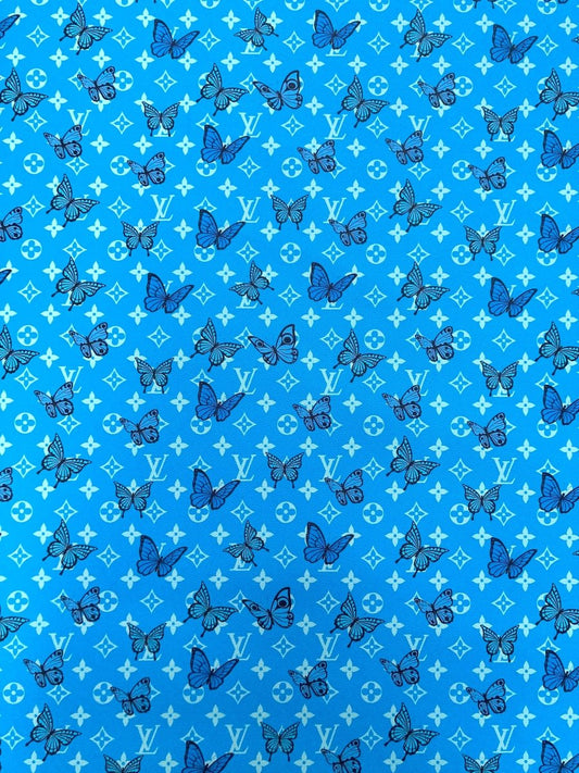 Blue Butterfyl Designer Custom LV Faux Leather by Yard for Sneakers Crafts Upholstery - mingfabricstore