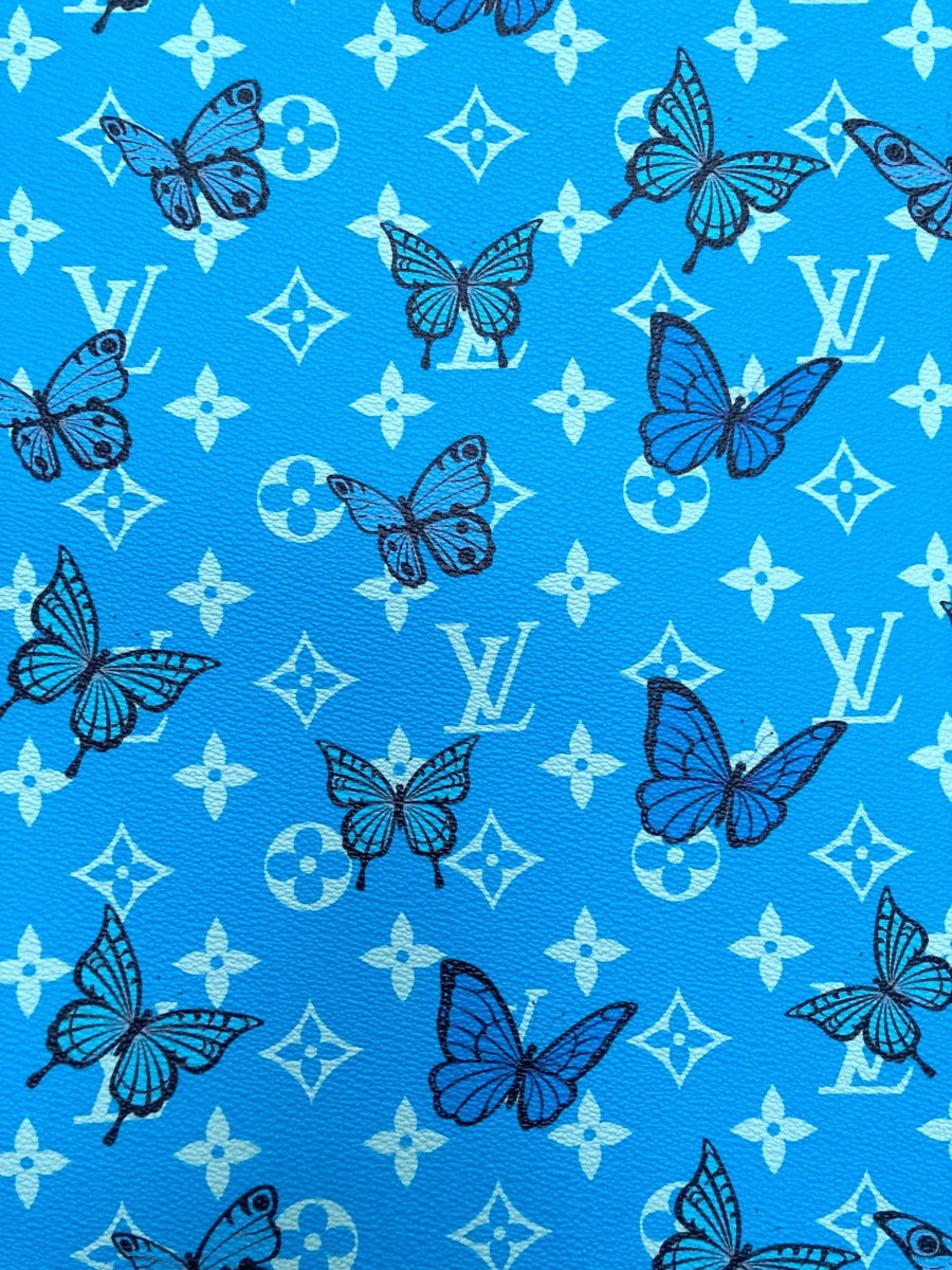 Blue Butterfyl Designer Custom LV Faux Leather by Yard for Sneakers Crafts Upholstery - mingfabricstore