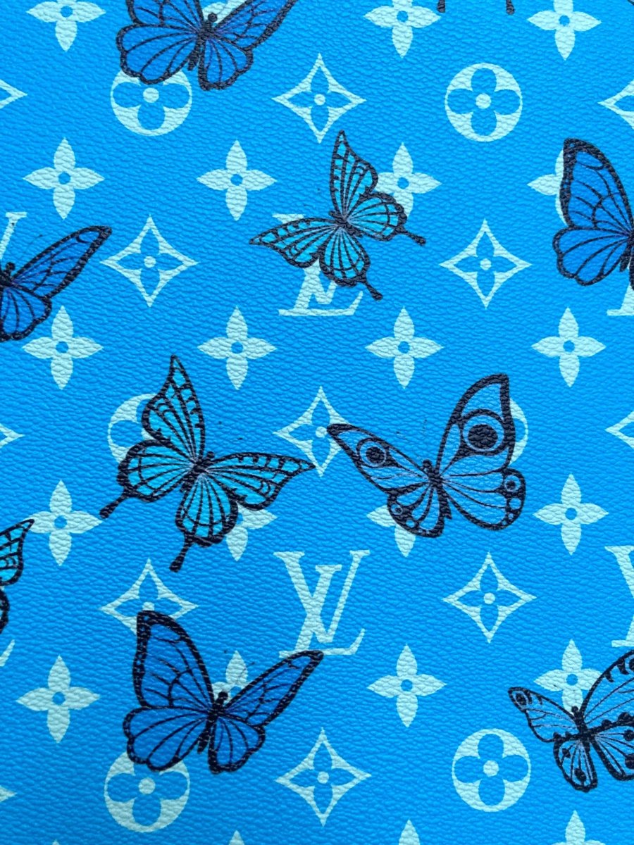 Blue Butterfyl Designer Custom LV Faux Leather by Yard for Sneakers Crafts Upholstery - mingfabricstore