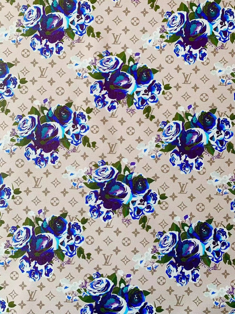 Blue Flower Handmade Custom LV Faux Leather Vinyl for Sneakers Upholstery - mingfabricstore