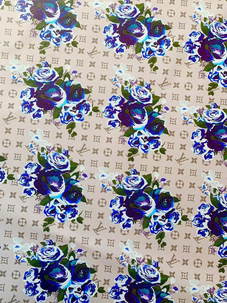Blue Flower Handmade Custom LV Faux Leather Vinyl for Sneakers Upholstery - mingfabricstore