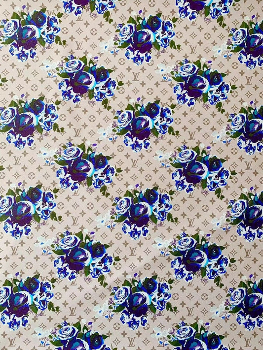 Blue Flower Handmade Custom LV Faux Leather Vinyl for Sneakers Upholstery - mingfabricstore
