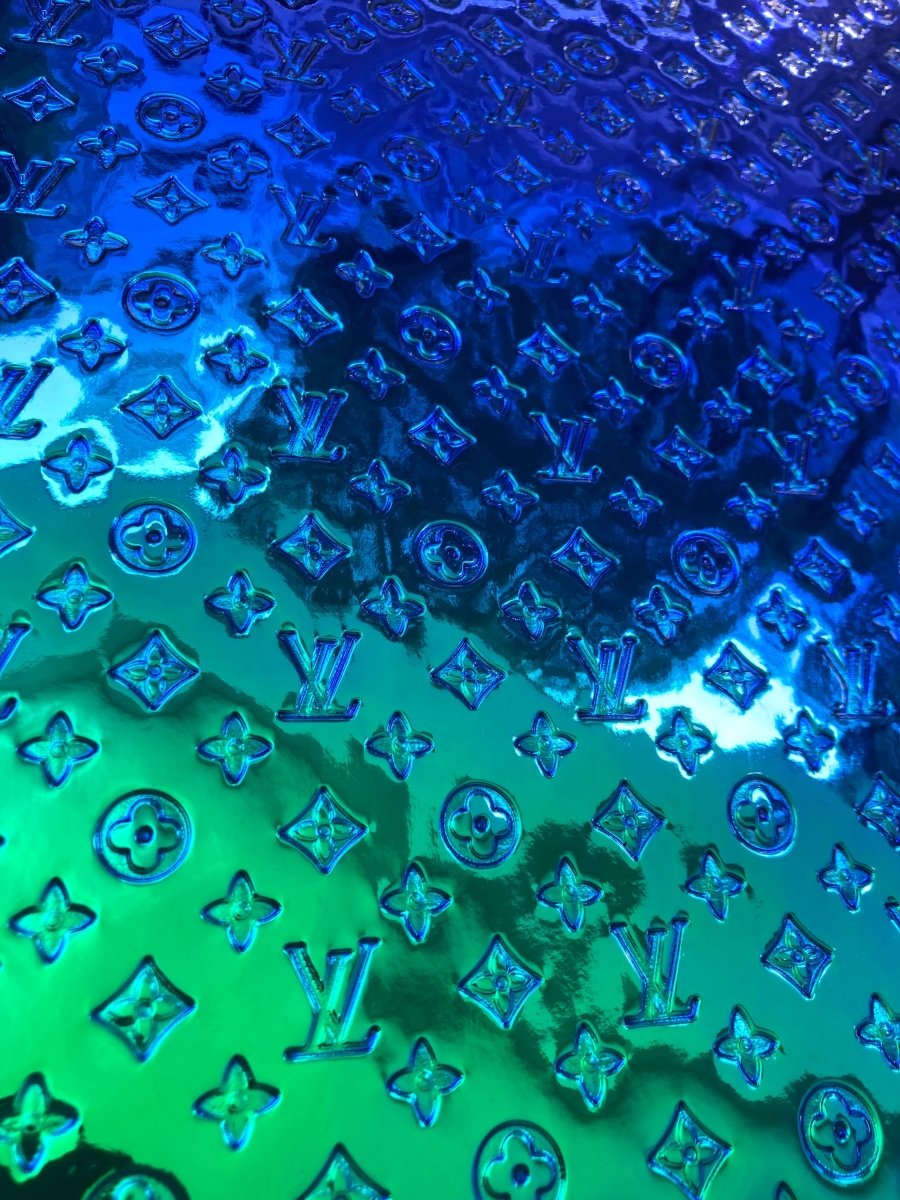 Blue Green Mirror Surface Embossed LV Faux Vinyl Leather - mingfabricstore