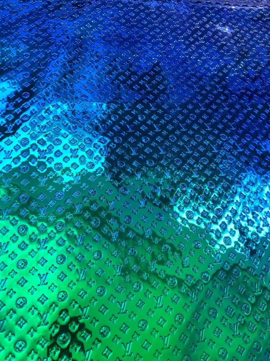 Blue Green Mirror Surface Embossed LV Faux Vinyl Leather - mingfabricstore