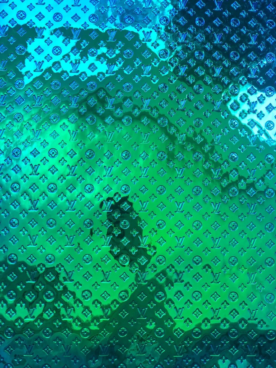 Blue Green Mirror Surface Embossed LV Faux Vinyl Leather - mingfabricstore