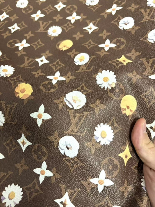 Brown Louis Vuitton Flower Designer Leather Sheet for DIY Crafts - mingfabricstore