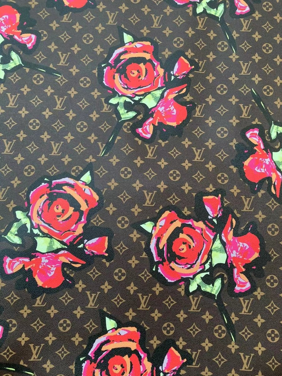 Brown LV Big Flower Faux Leather Fabric Custom Material for Sneaker Car Upholstery - mingfabricstore